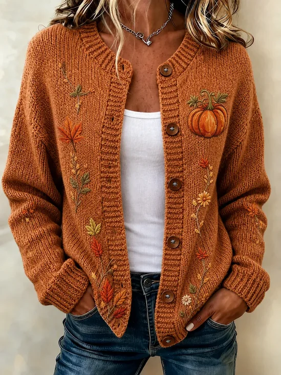 Women Maple Leaf Printing Long Sleeve Crew Neck Vintage Spring/Fall Cardigan Outerwear