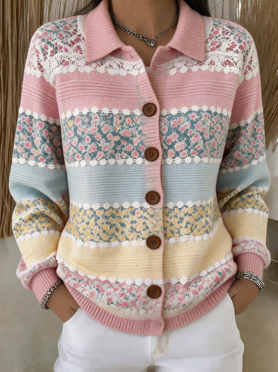 Women Floral Printing Long Sleeve Shawl Collar Vintage Spring/Fall Cardigan Outerwear
