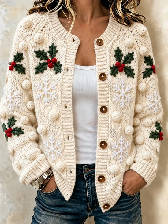 Women Christmas Long Sleeve Crew Neck Casual Spring/Fall Cardigan Outerwear