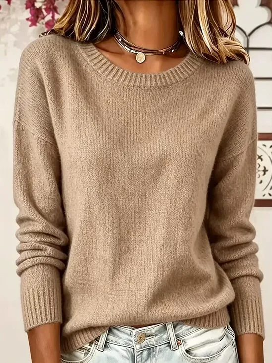 Women Plain Printing Casual Long Sleeve Crew Neck Spring/Fall Sweater
