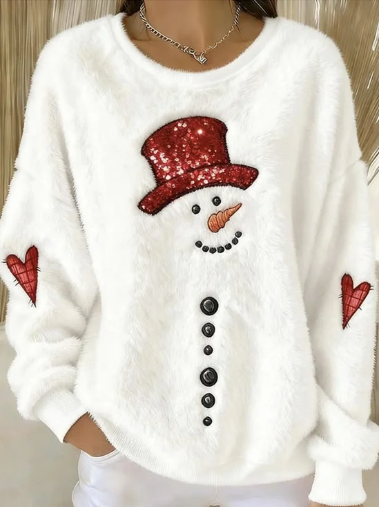 Women Christmas Snowman Crew Neck Printing Casual Winter Long Sleeve Sweatshirt