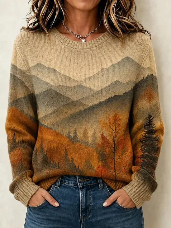 Women Tree Printing Casual Long Sleeve Crew Neck Spring/Fall Sweater