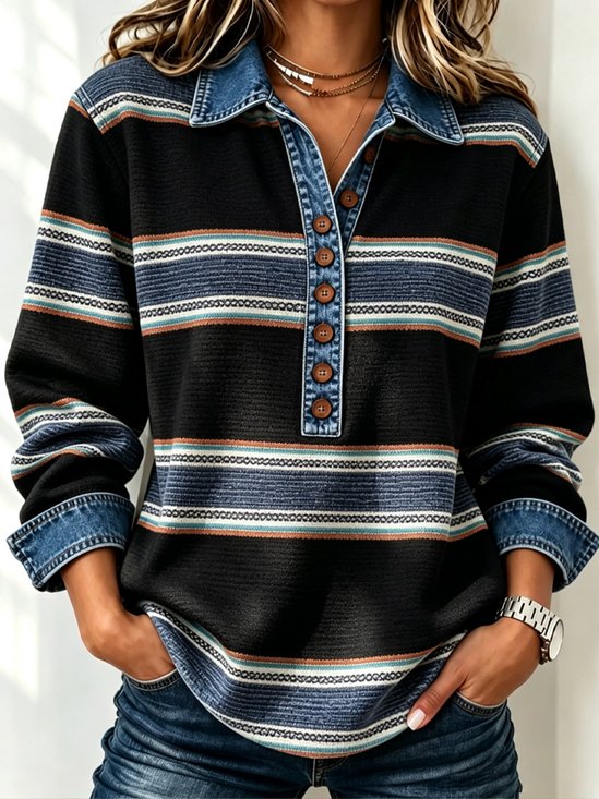 Women Striped Shawl Collar Long Sleeve Shirt Casual Daily Spring/Fall Top