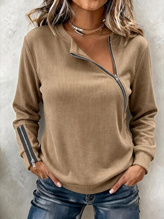 Women Ribbed Crew Neck Half-Zip Vintage Spring/Fall Long Sleeve Sweatshirt