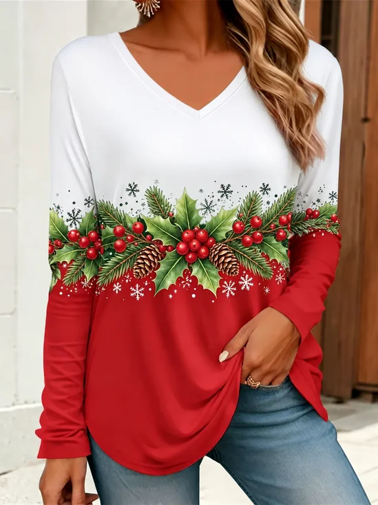 Women Color Block Long Sleeve Tee T-shirt V Neck Printing Casual Spring/Fall Top
