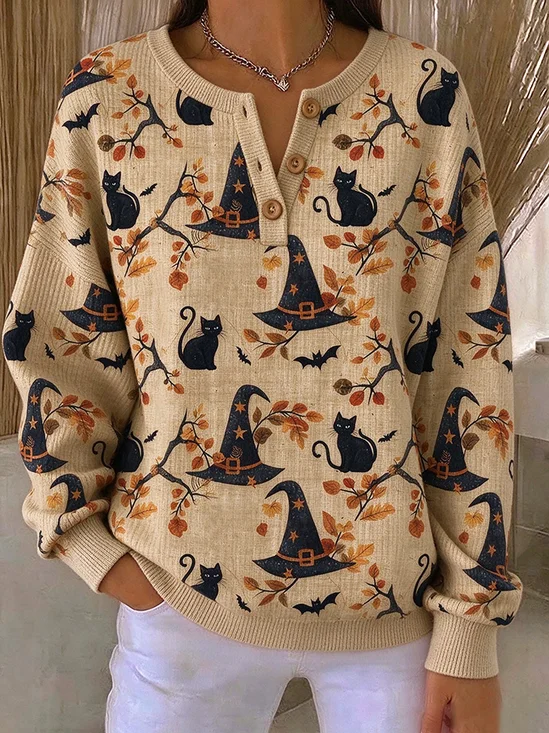 Women Cat Henley Collar Printing Vintage Spring/Fall Long Sleeve Sweatshirt