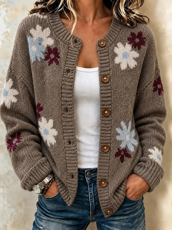 Women Floral Long Sleeve Crew Neck Vintage Spring/Fall Cardigan Outerwear