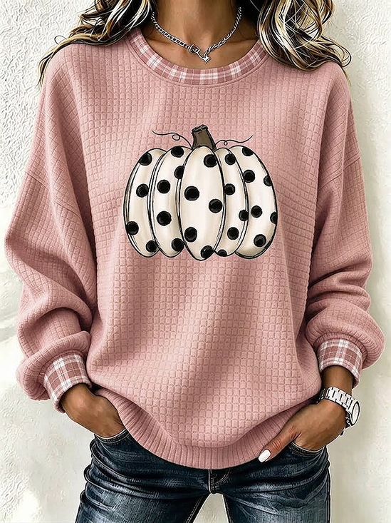 Women Plaid Crew Neck Printing Casual Spring/Fall Long Sleeve Sweatshirt