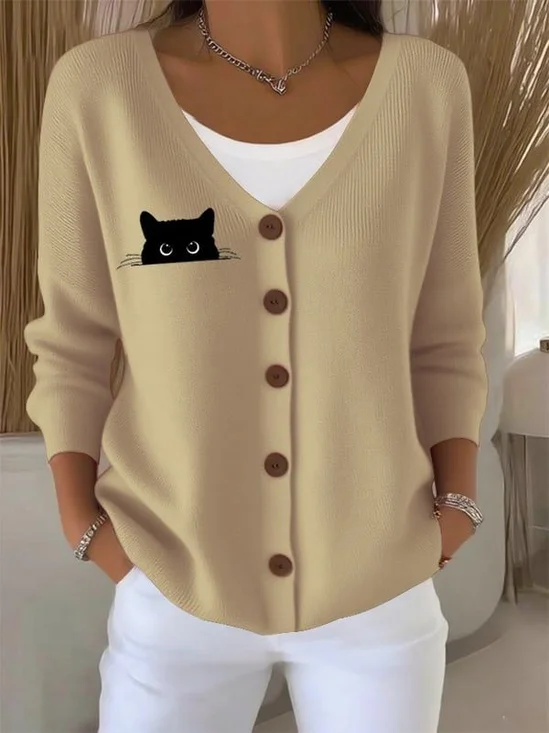 Women Cat Long Sleeve V Neck Casual Spring/Fall Cardigan Outerwear