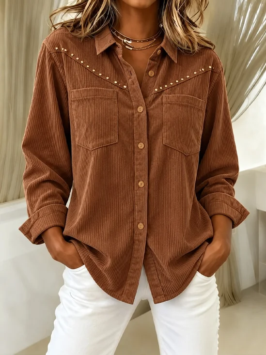 Women Striped Shirt Collar Long Sleeve Shirt Pocket Stitching Vintage Daily Spring/Fall Top