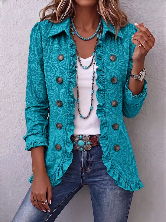 Women Floral Printing Long Sleeve Shawl Collar Vintage Spring/Fall Jacket Outerwear