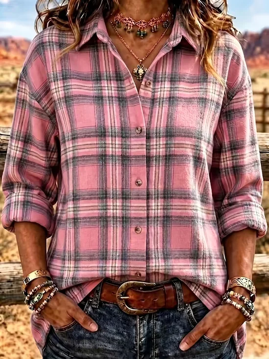 Women Plaid Shirt Collar Long Sleeve Shirt Buckle Regular Sleeve Casual Daily Spring/Fall Top