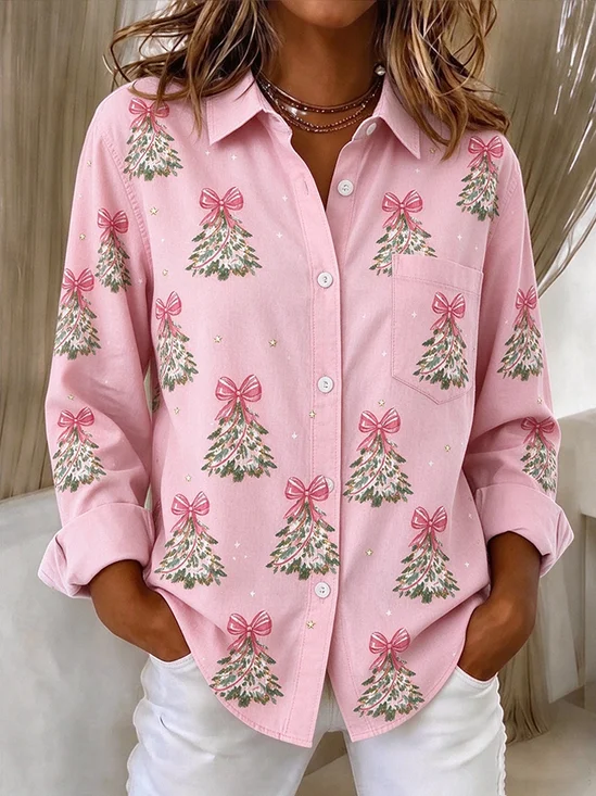 Women Christmas Shawl Collar Long Sleeve Shirt Printing Vintage Holiday Spring/Fall Top
