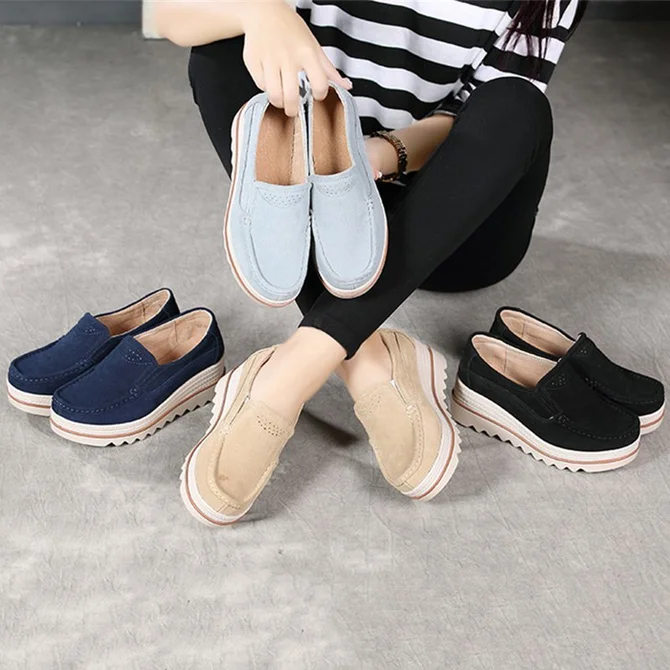 womens breathable suede round toe slip on platform shoes