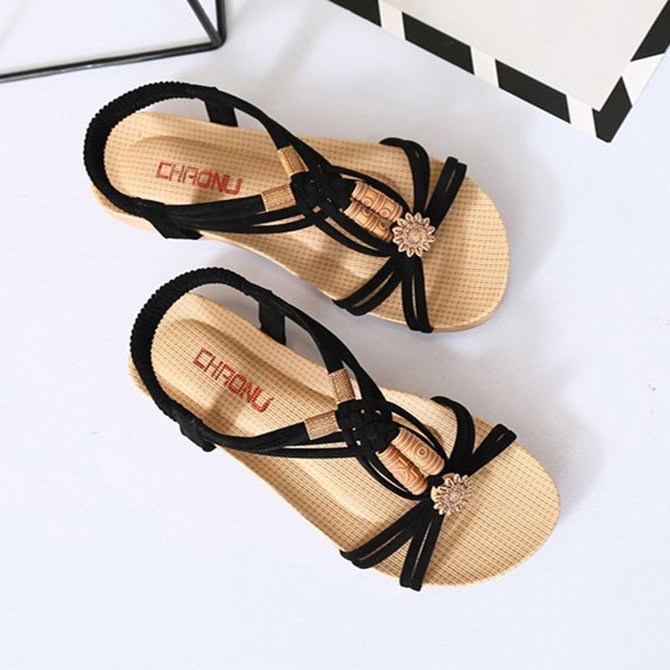 JFN  Flower Bead Knitting Slip On Flat Beach Outdoor Sandals