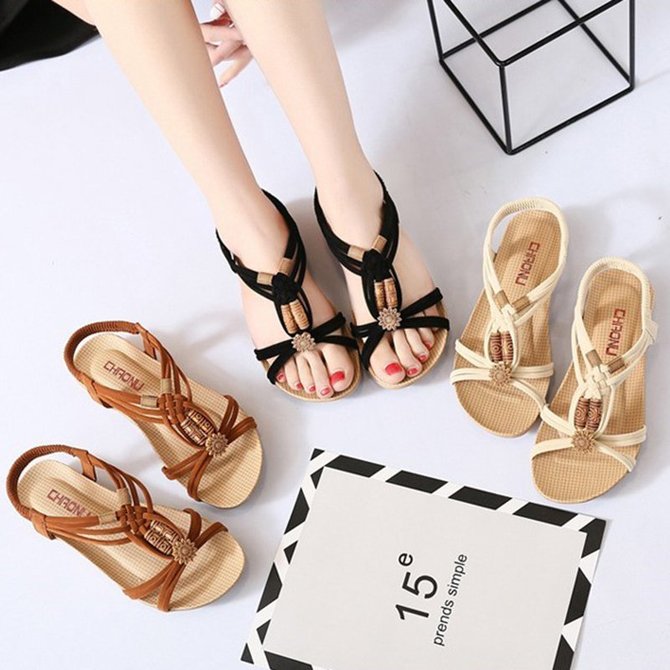 JFN  Flower Bead Knitting Slip On Flat Beach Outdoor Sandals