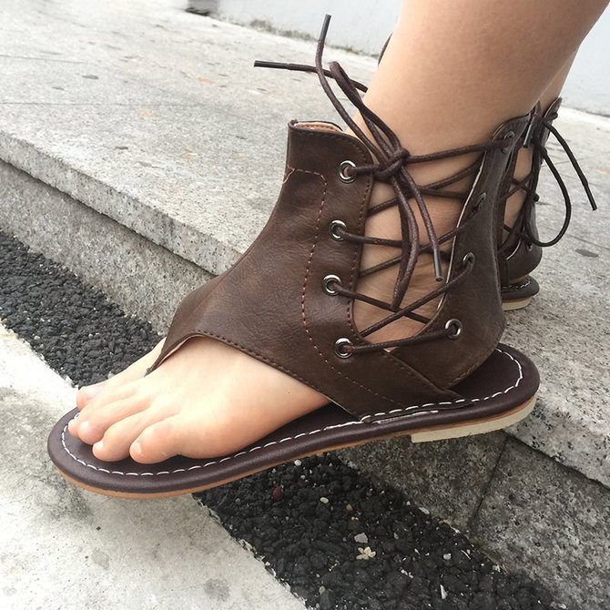 Plus Size Lace-up PU Flip-flops Sandals with Zipper | Women Shoes ...