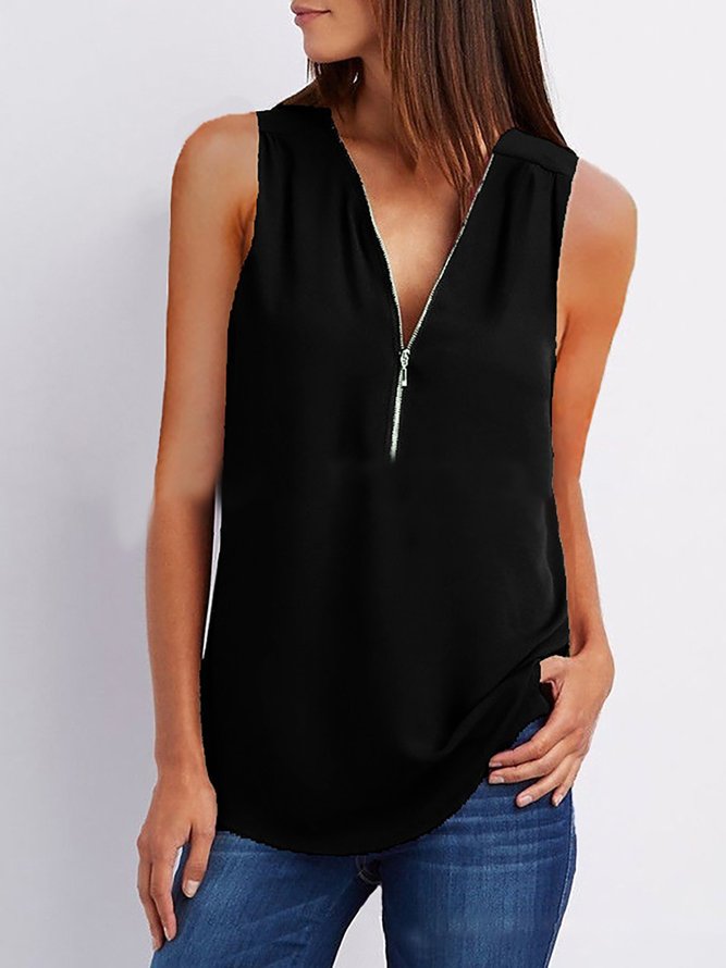 Women T-Shirt V neck Solid Short Sleeve Zipper