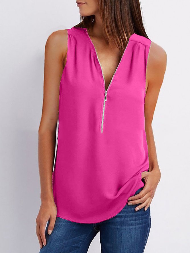 Women T-Shirt V neck Solid Short Sleeve Zipper