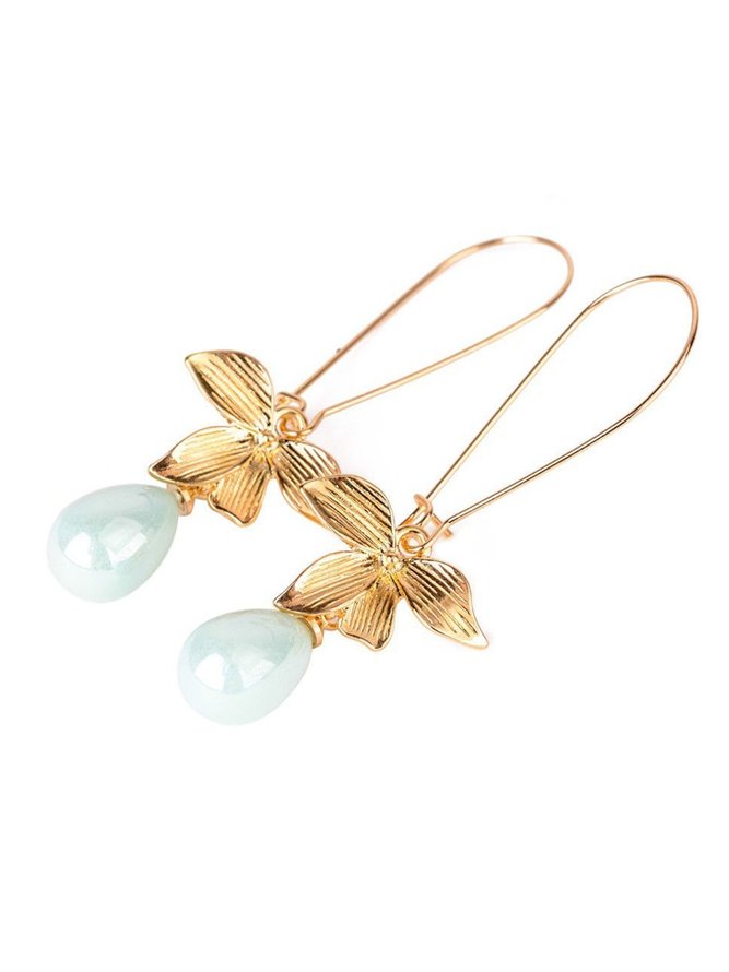 JFN  Women Stud Orchid Flower Sage Green Pearl Earring Hook Dangle Bridal