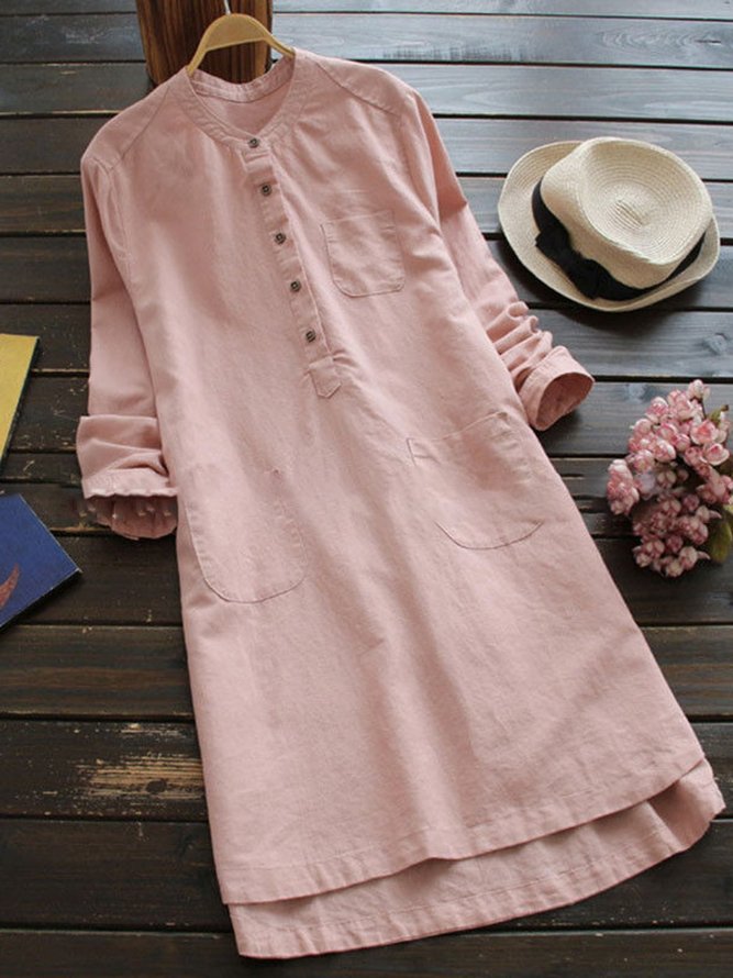 Shift Women Daytime Linen Long Sleeve Casual Buttoned Casual Dress