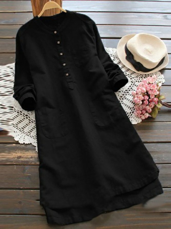Shift Women Daytime Linen Long Sleeve Casual Buttoned Casual Dress