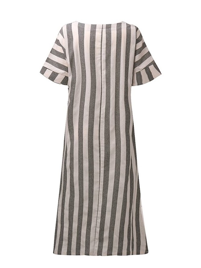 Gray Women Daily Basic Cotton Paneled Striped Casual Dress | justfashionnow
