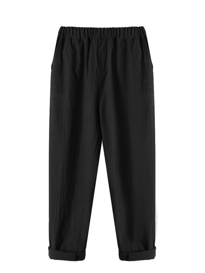 Simple  Basic Shirred Solid Pockets Plus Size Linen Pants