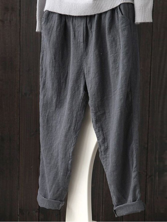 Simple  Basic Shirred Solid Pockets Plus Size Linen Pants