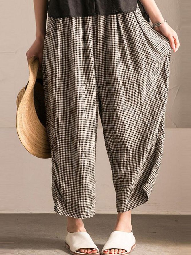 Casual Pockets Linen Gingham Pants
