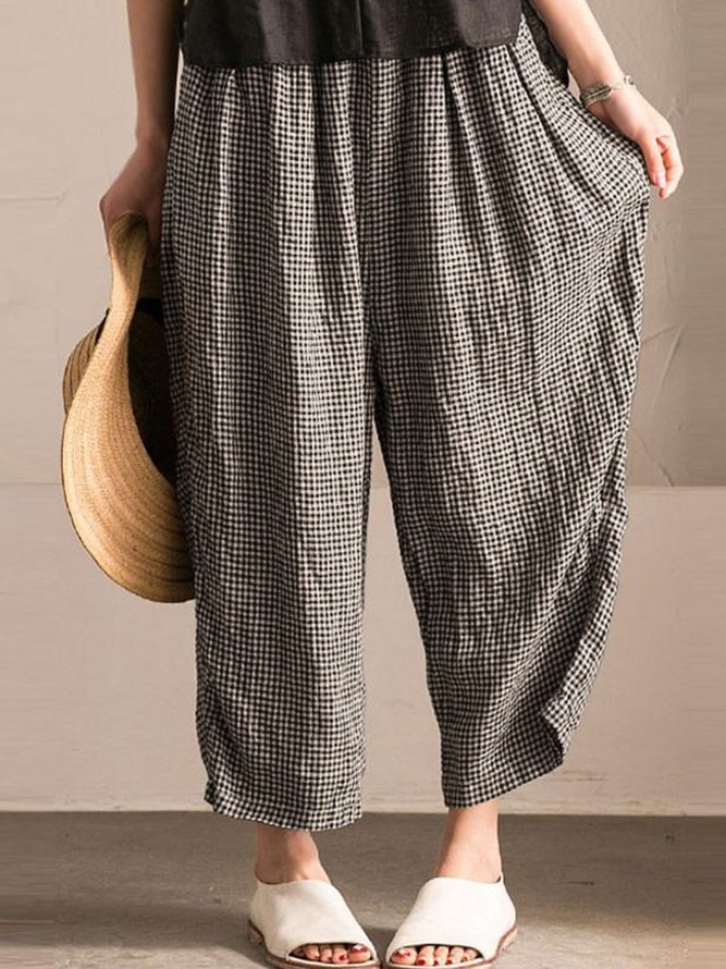 Casual Pockets Linen Gingham Pants