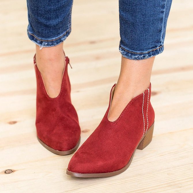 Women Deep V Sexy Booties Casual Comfort Zipper Shoes