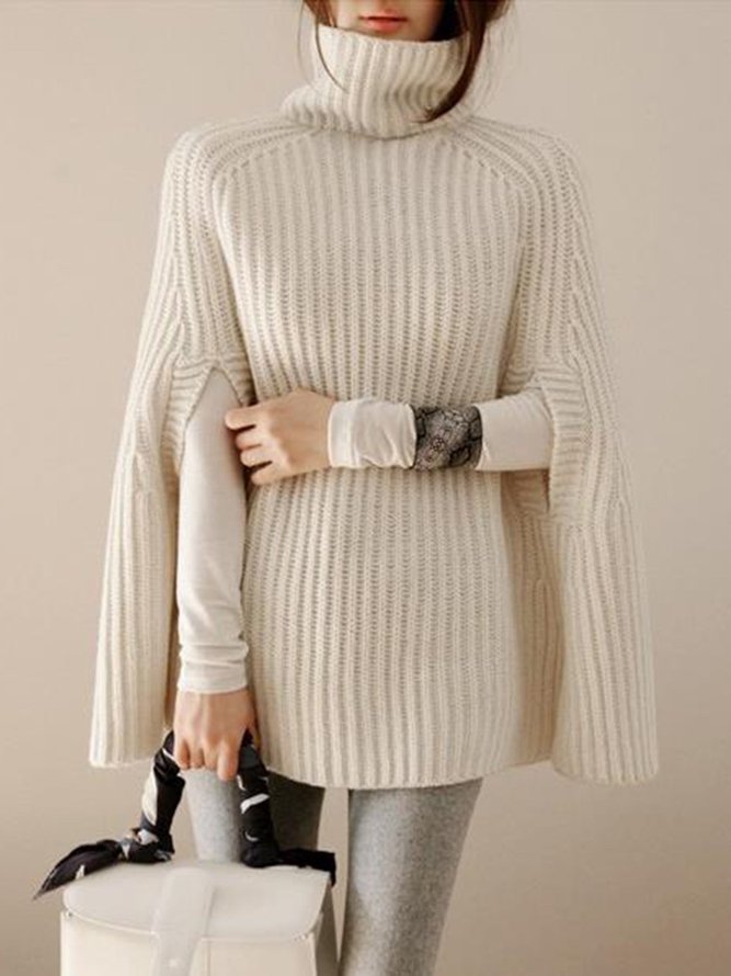 Turtleneck Slit Solid Knitted Casual Cape Sleeve Sweater