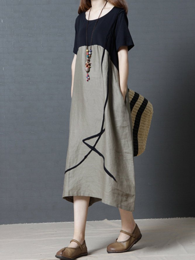 Aline Women Daily Short Sleeve Cotton Paneled Casual Dress