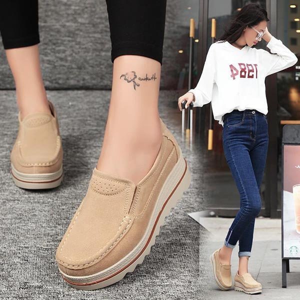 womens breathable suede round toe slip on platform shoes