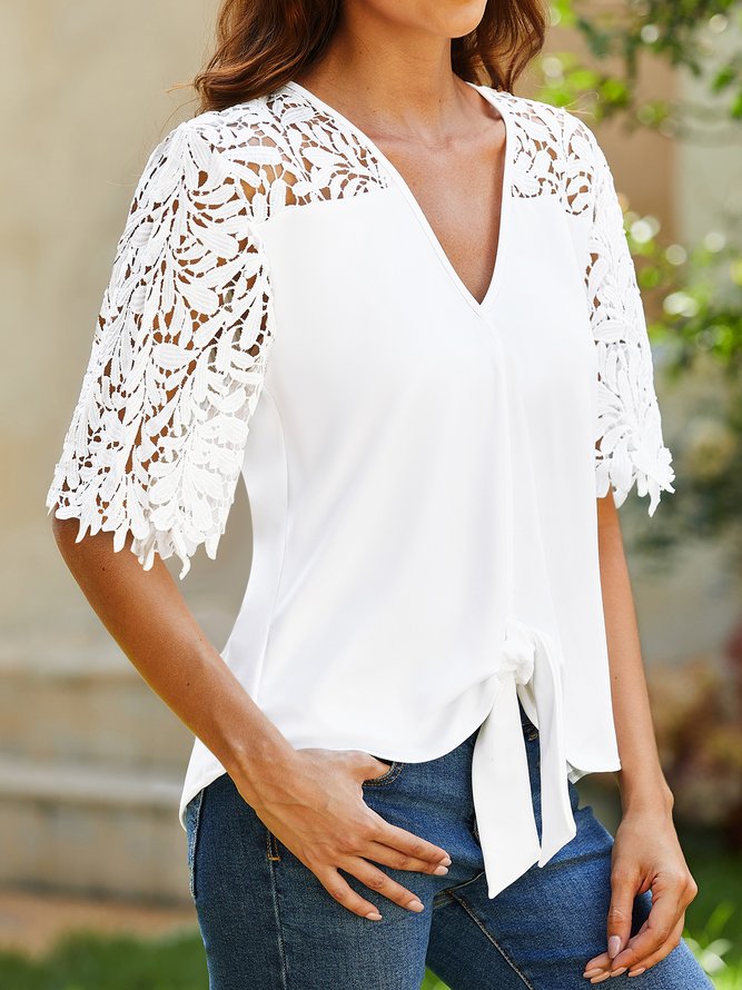 JFN V Neck Lace Casual Plain Knot Front Loose Top