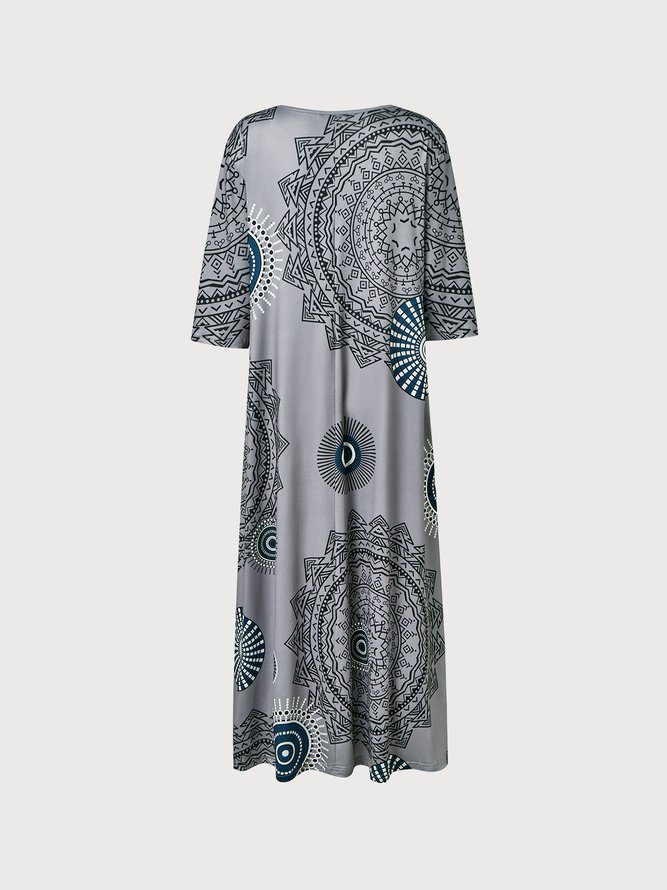 JFN V Neck Loose Ethnic Midi Dress