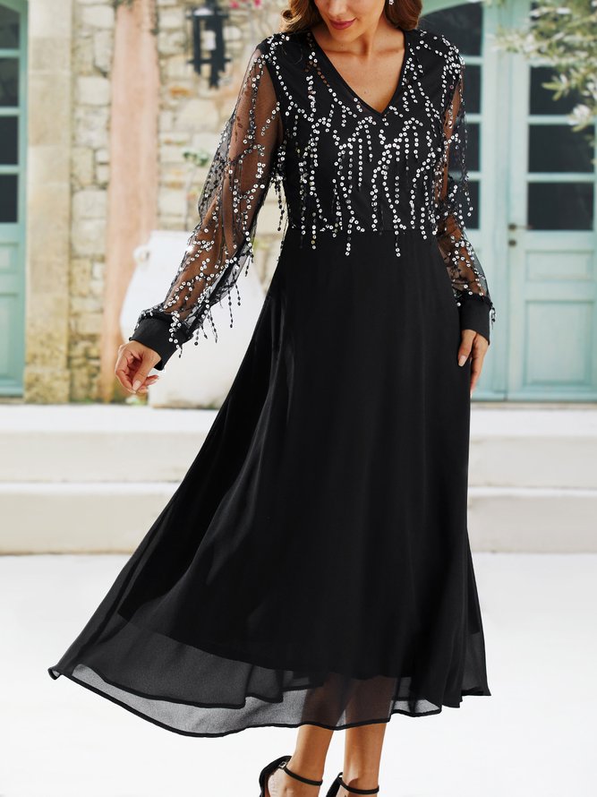 Women's Black Long Sleeve Print Sequins Winter Fall V Neck maxi formal Dress
