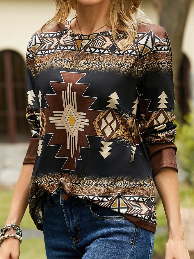 Western Ethnic Print Crew Neck Long Sleeve T-Shirt