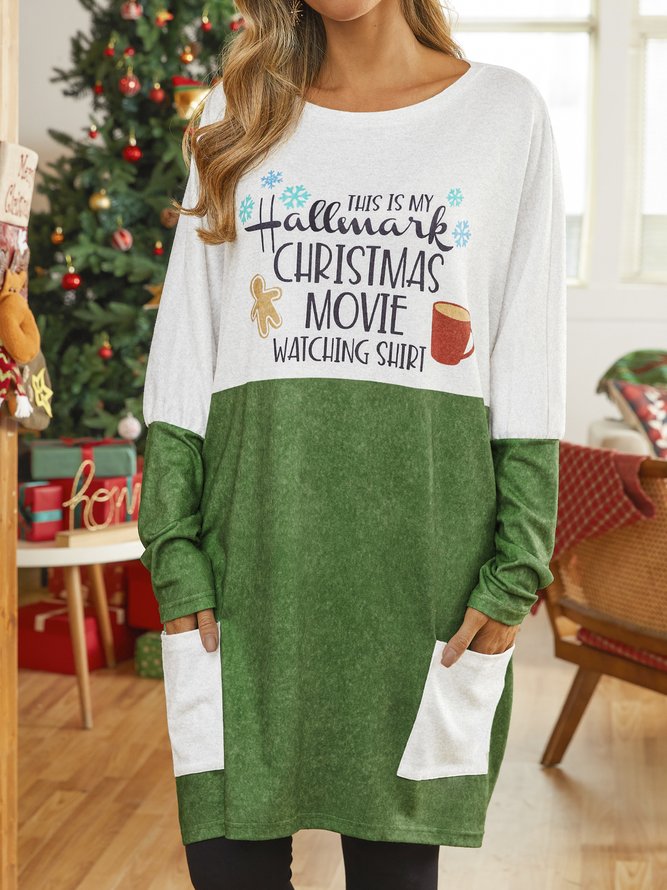 Women's Green Long Sleeve Dress Christmas Print With Pocket 