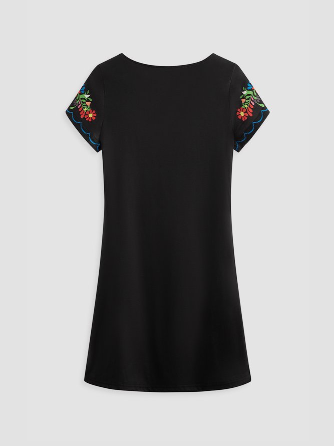 Women's Mexican Dress Midi Dress Black Half Sleeve Summer Crew Neck Tribal Casual
