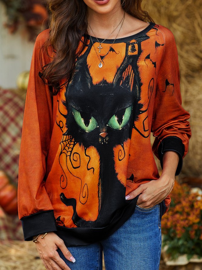 Cat Animal Crew Neck Cotton Blends Casual Sweatshirt