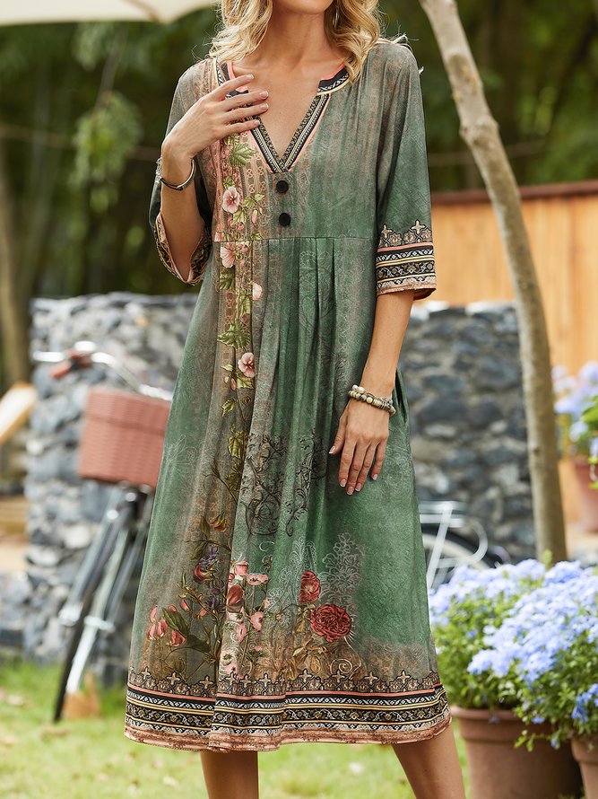 Floral  V Neck Casual Jersey Dress