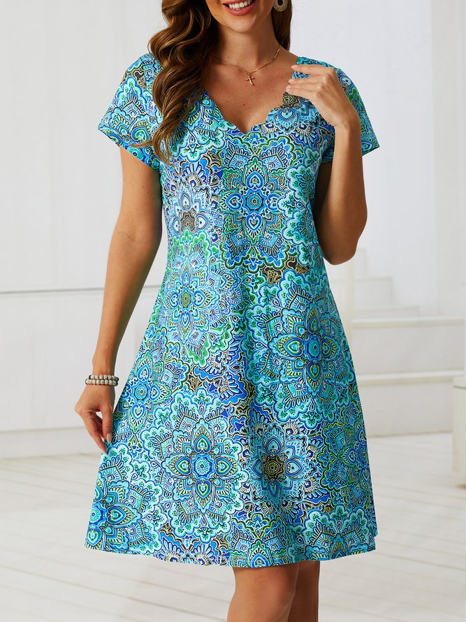 Paisley V Neck Loosen Short Sleeve Knit Dress