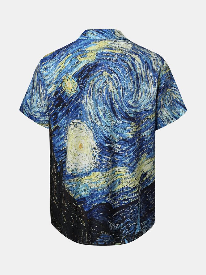 Mens Retro Van Gogh The Starry Night Lapel Loose Short Sleeve Funky Hawaiian Shirt