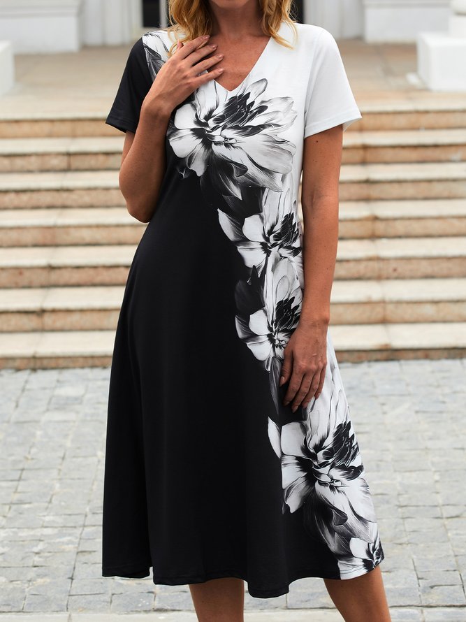 JFN V Neck Color Block Floral  Casual Midi Prom Dress