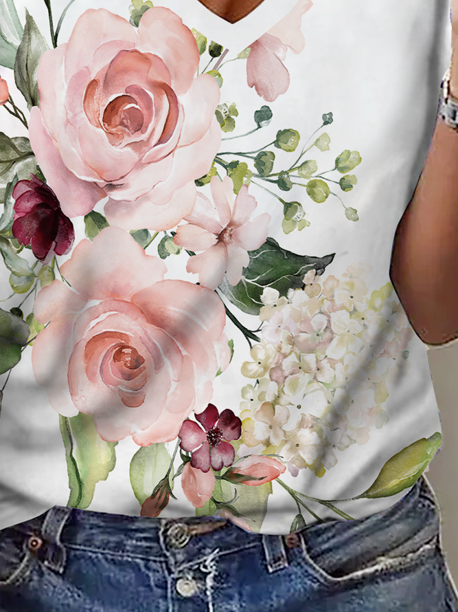 White & Pink Floral V-Neck Tee