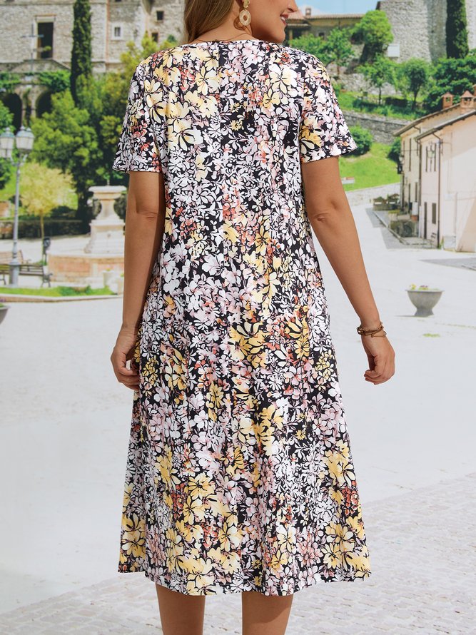 JFN Crew Neck Floral Pockets Vacation Midi Dress