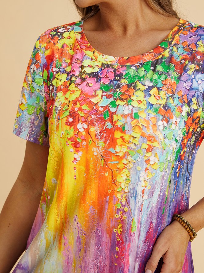 JFN Round Neck Ombre Floral Casual Tunic T-Shirt