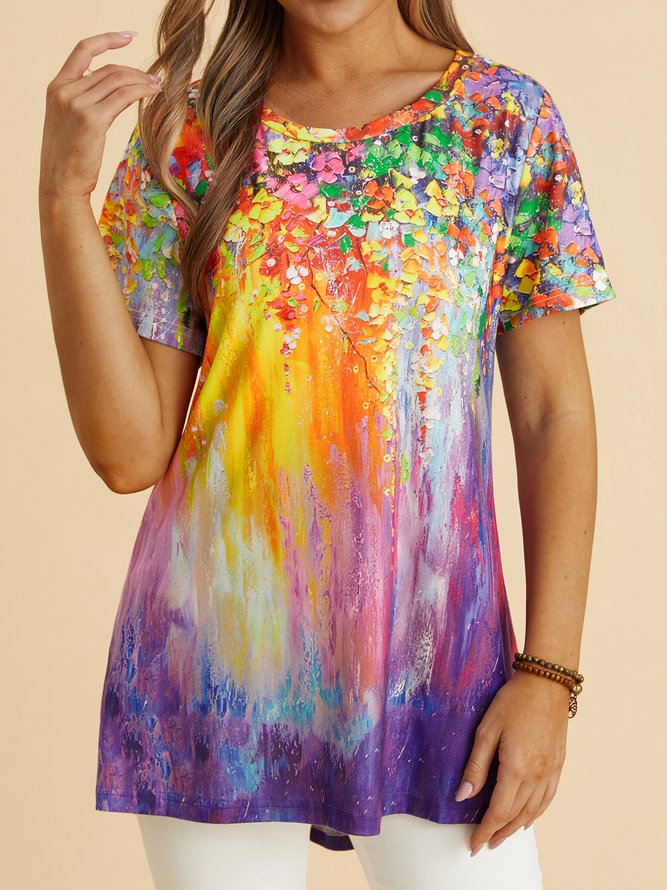 JFN Round Neck Ombre Floral Casual Tunic T-Shirt